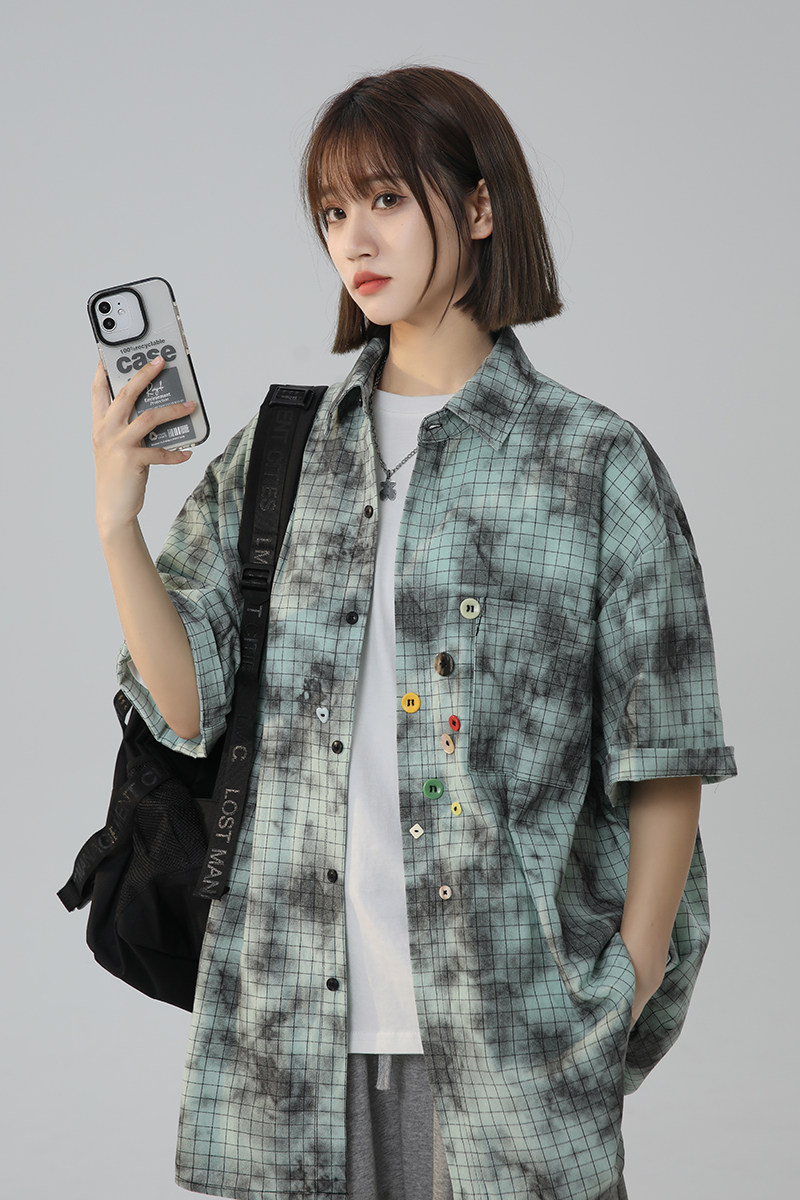 2024潮牌设计感夏季宽松大码短袖格子花衬衫男女226-3-D1116-P60,男装衬衫,星座226-3
