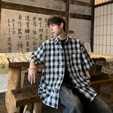夏季港风格子朝复古短袖盘扣男五分袖衬衫大码226-3-D1166-P43，男装衬衫，星座226-3