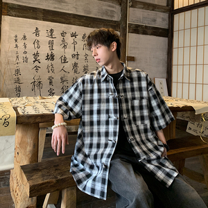 夏季港风格子朝复古短袖盘扣男五分袖衬衫大码226-3-D1166-P43图片