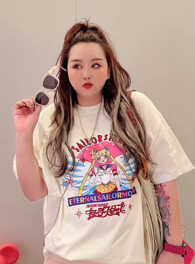 HELLOYY特大码女装2024新款欧美胖mm卡通图案短袖t恤衫大胸围上衣