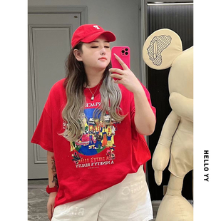 2024年新款 HELLOYY欧美特大码 短袖 摇滚图案宽松t恤女胖mm夏装 女装