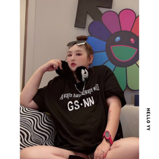 半袖 HELLOYY欧美特大码 t恤女胖mm宽松夏装 高级感链条短袖 上衣 女装