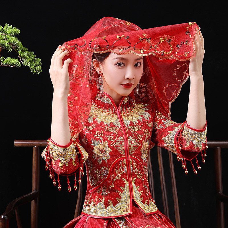 中式秀禾汉服古风半透明蕾丝头纱图片