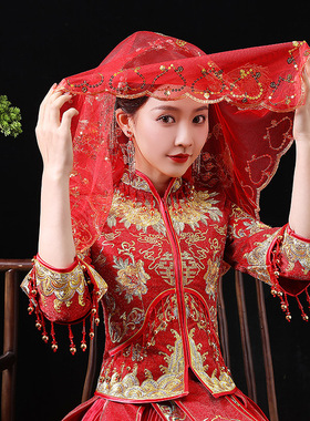 中式秀禾汉服古风半透明蕾丝头纱