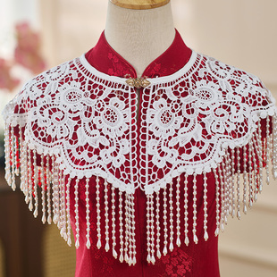 配旗袍珍珠流苏云肩披肩外搭汉服新中式改良复古蕾丝年轻款坎肩女