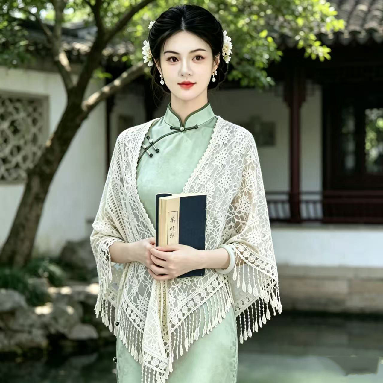 新中式蕾丝镂空披肩女外搭流苏斗篷旗袍配饰高级感气质复古夏薄款