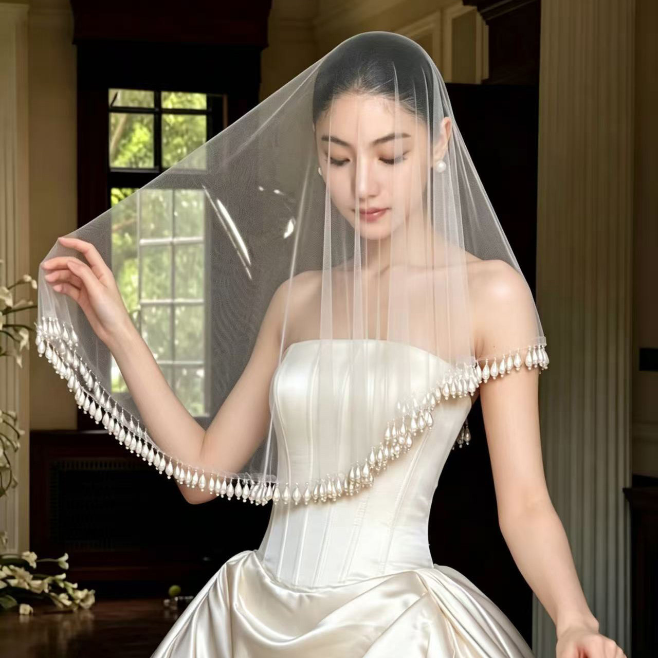 新款高级水滴珍珠新娘婚纱头纱头饰森系复古珍珠流苏影楼拍照道具