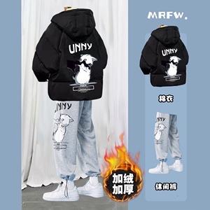 2023款冬季卡通连帽棉服外套男潮牌设计感ins百搭休闲宽松两件套