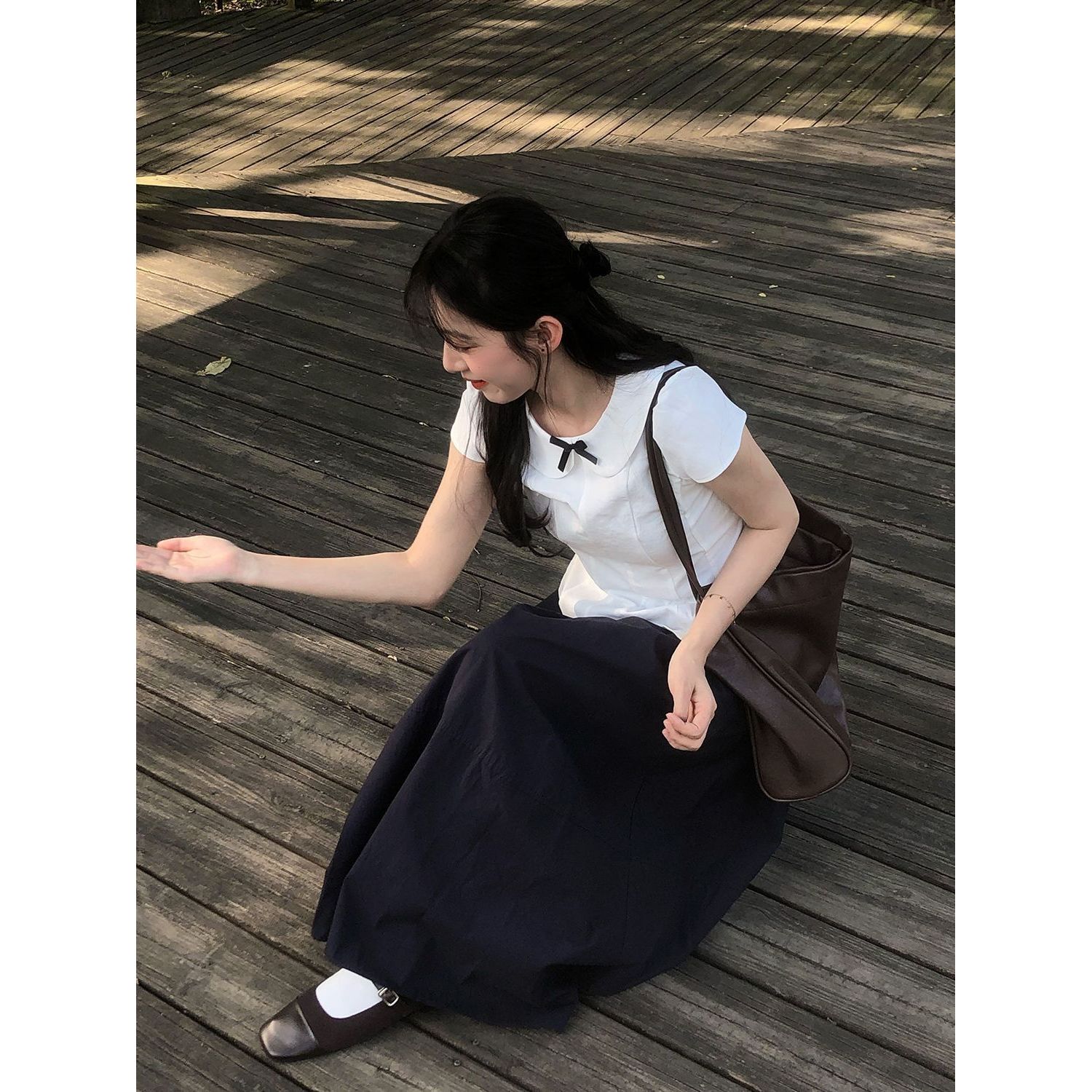 优等生 日系学院风蝴蝶结娃娃领白色短袖衬衫+半身裙夏季两件套装