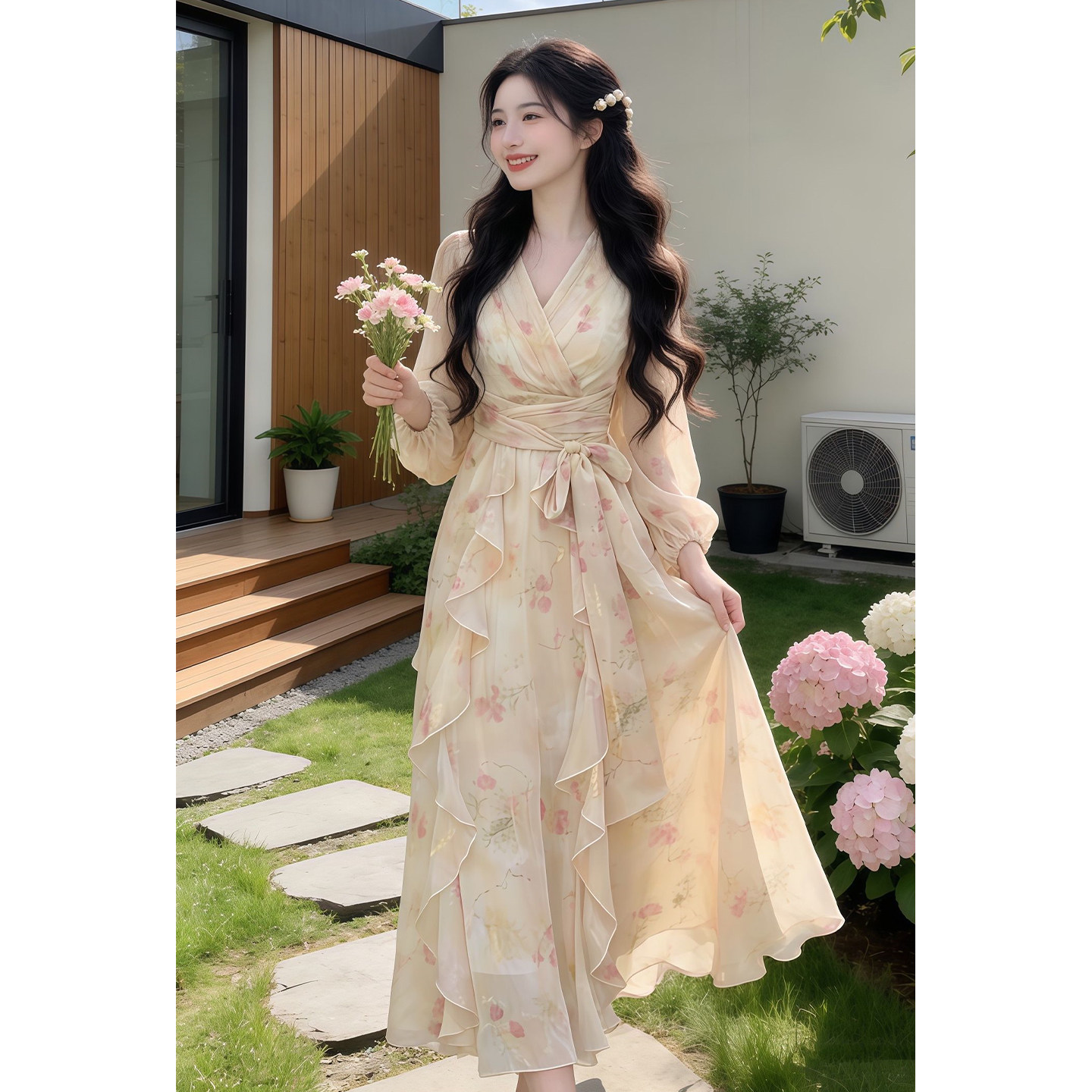 碎花连衣裙女春多巴胺高端法式气质收腰绝美巨好看灯笼袖雪纺裙子