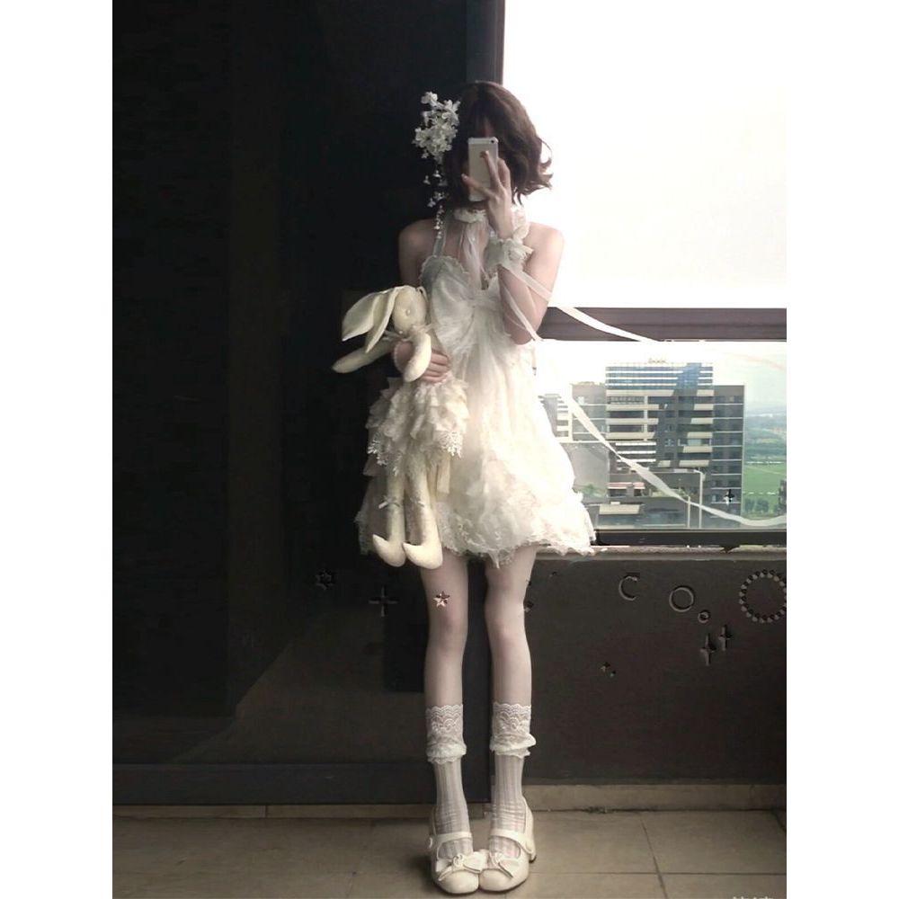【月隐花庭】春季挂脖古花苞裙子日系小个子蕾丝设计感出片连衣裙