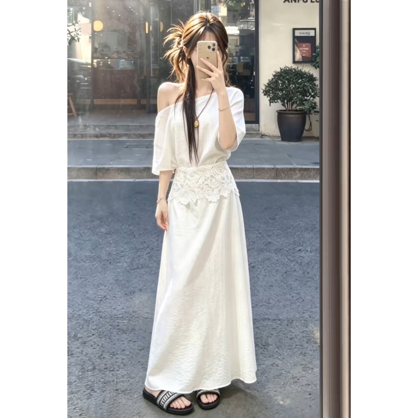 贵气感御姐气质高级感大方得体连衣裙夏季小香风白色蕾丝斜肩套装