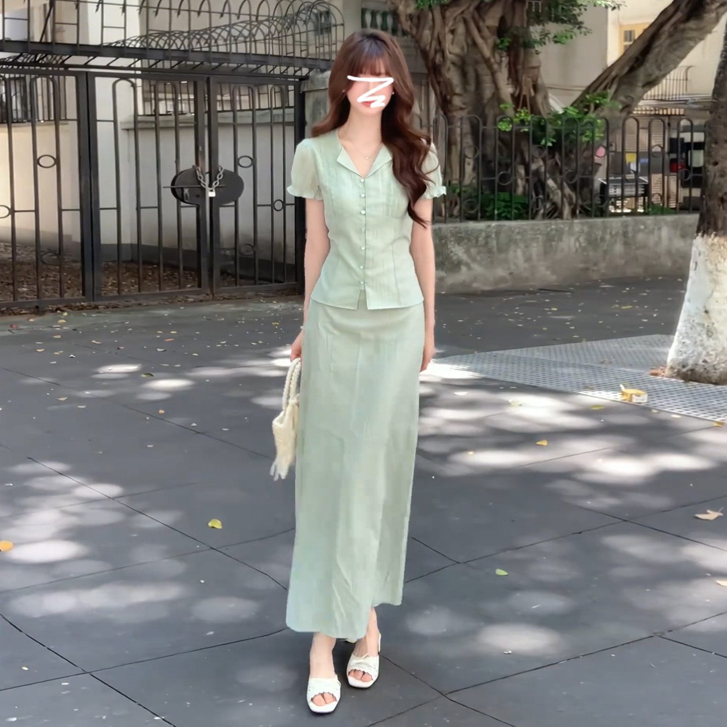 韩系小清新绿色V领半身裙两件套夏季新款夏日清凉透气薄款连衣裙