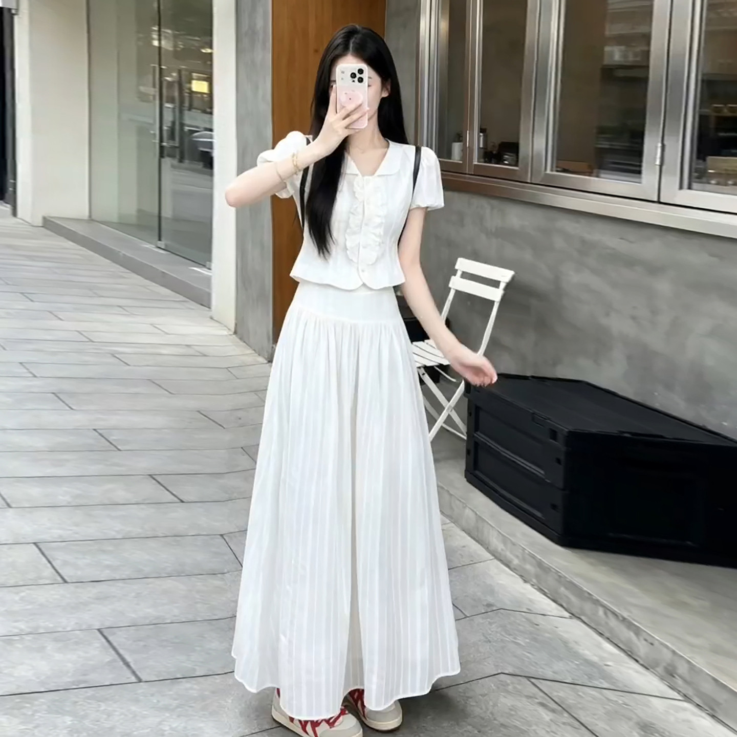 韩系白色泡泡袖衬衫半身裙子女夏季2026新款巨好看穿搭一整套长裙