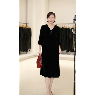 显瘦七分袖 R8659高级金丝绒连衣裙大码 桑蚕丝裙子女 希文优选