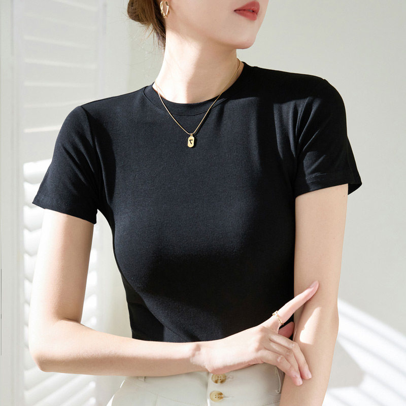 半高领短袖正肩t恤女春夏季2026新款紧身内搭打底衫黑色体恤上衣