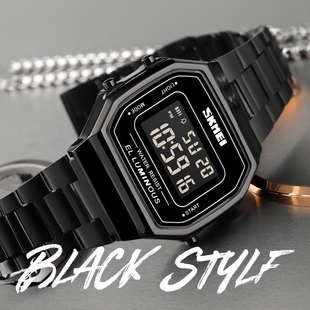 SKmei时刻美多功能手表时尚 方形数字潮男防水运动钢带电子表 男士