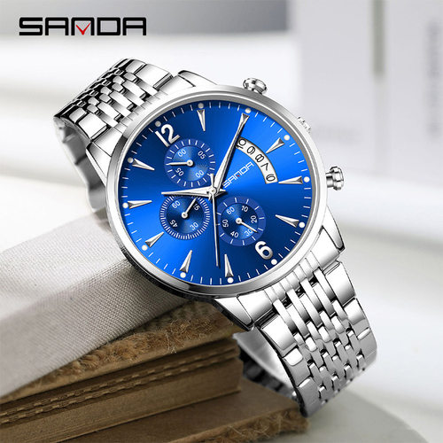 三达男表外贸爆款三眼六针计时夜