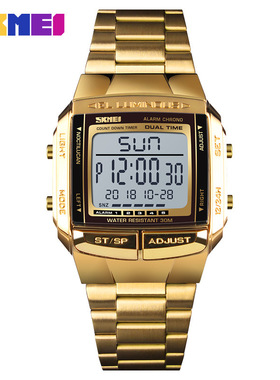 时刻美商务稳重方形数字手表 男士钢表带玫瑰金shopee爆款电子表