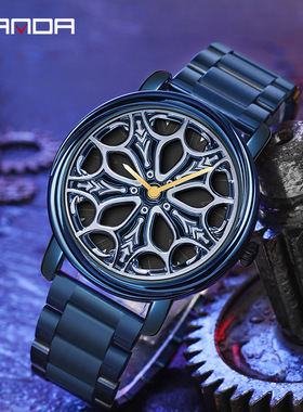 SANDA三达新款钢带石英表男款镂空旋转男士简约个性腕表一件