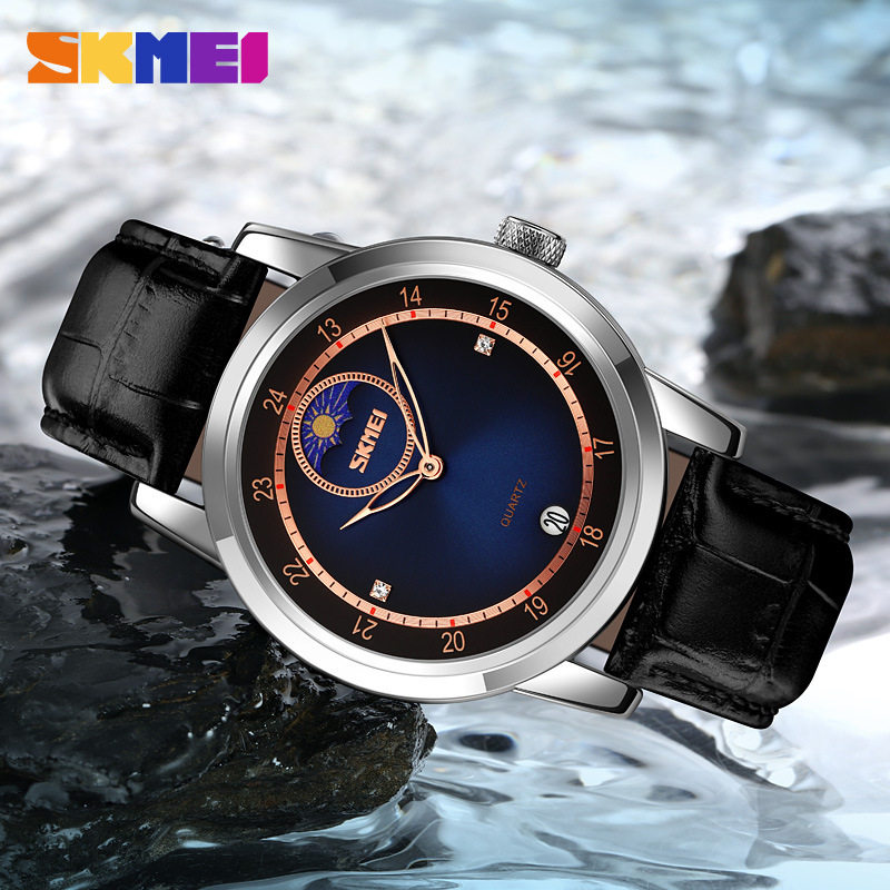 时刻美skmei时尚两针男士月相石英手表皮带潮流日历学生男款腕表