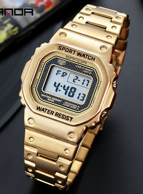 SANDA亚马逊爆款方形时尚电子表男士夜光防水多功能户外运动手表