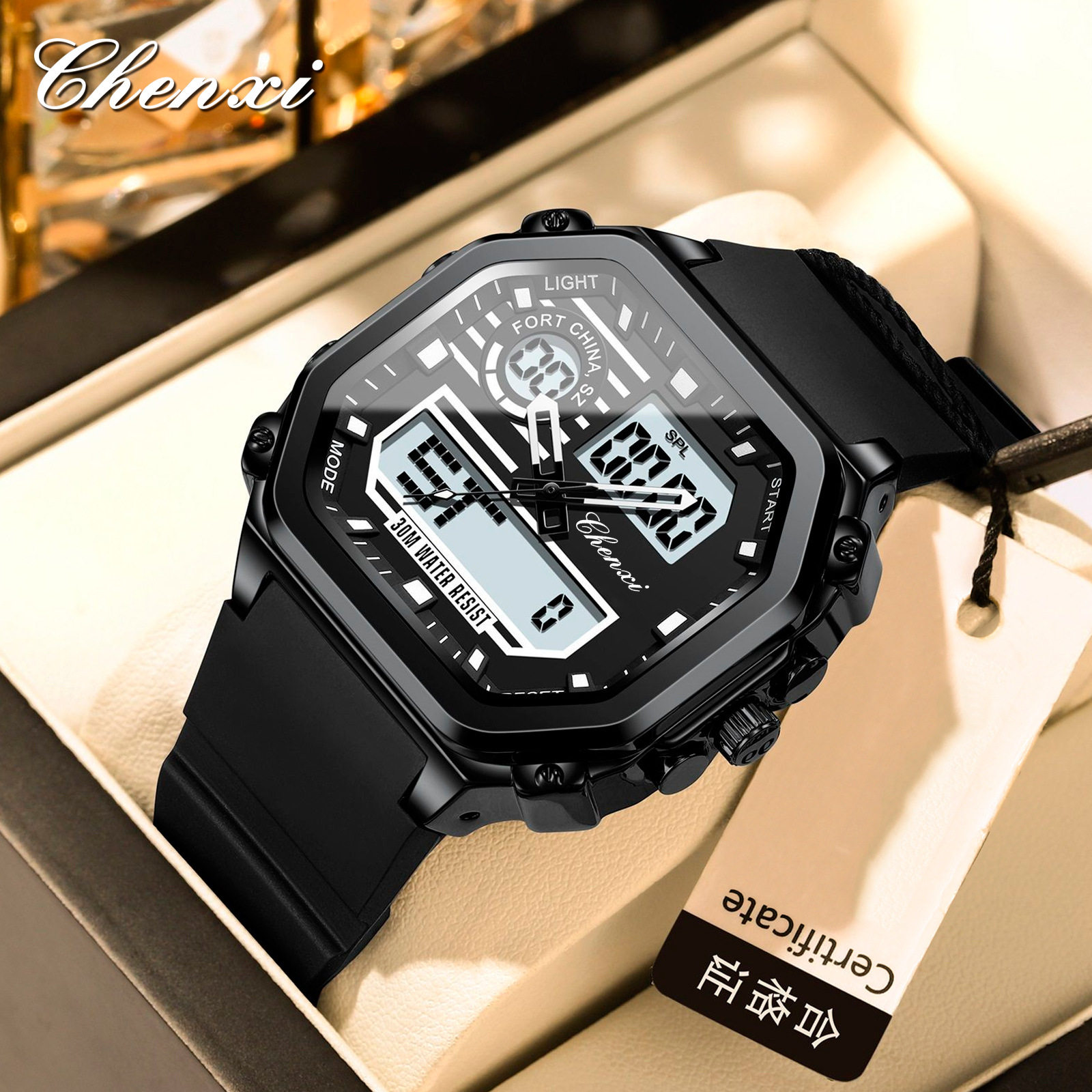 晨曦外贸爆款男士手表电子男款方形多功能防水男生运动男表