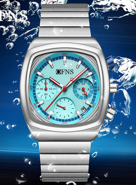 OFNS高颜值男士手表六针带日历休闲腕表多功能夜光方形石英表