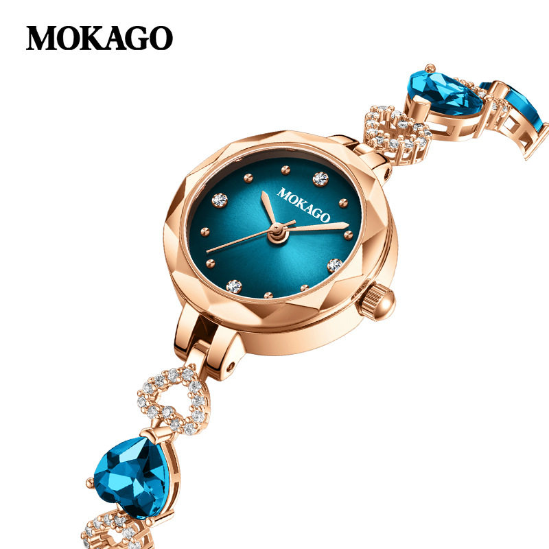 MOKAGO陌佧高海洋之心轻奢镶钻防水腕表高级感蓝水晶手链女士手表