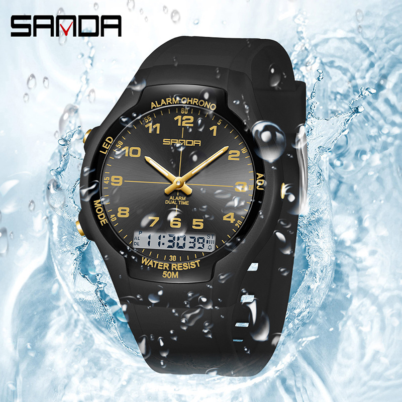 三达数字式电子表学习运动考试专用静音学生手表简约双显闹钟男表