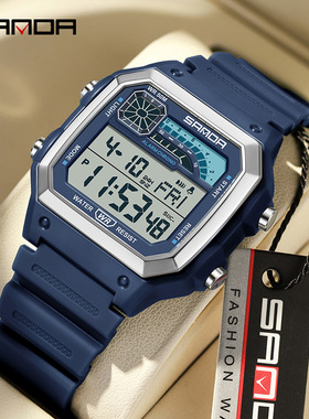 SANDA东南亚热销电子表多功能夜光防水运动轻薄方形男女学生手表