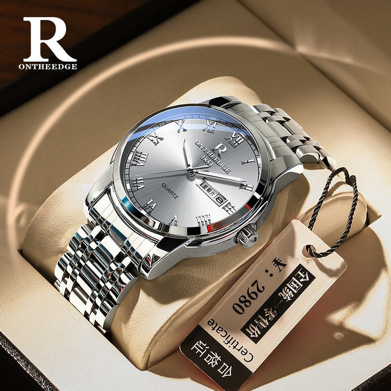 瑞之缘男女士高档防水手表钢带石英表机械风双日历腕表情侣对表潮