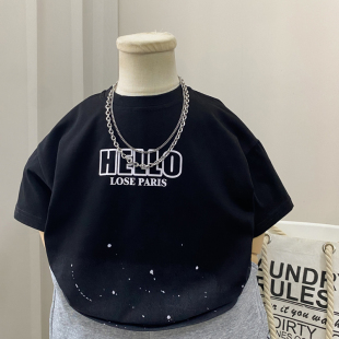 夏装男童短袖t恤2026新款男孩痞帅气时髦儿童上衣黑色中童装潮酷