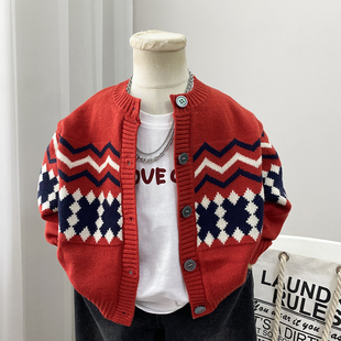男童毛衣外套圆领秋冬2026新款儿童针织开衫红色韩版中童小童洋气