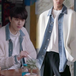 林一同款假两件针织开衫外套男士日系男装感牛仔拼接夹克毛衣情侣