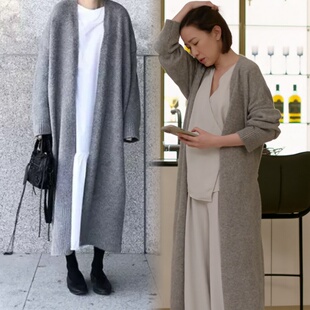 新闻女王文慧心佘诗曼同款秋冬长针织开衫过膝系带开叉宽松毛衣女