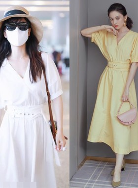 古力娜扎衣服同款法式V领白色黄色设计感连衣裙女夏装中长收腰裙