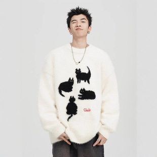 春晚范丞丞王安宇同款猫咪马海毛毛衣男宽松慵懒风情侣圆领针织衫