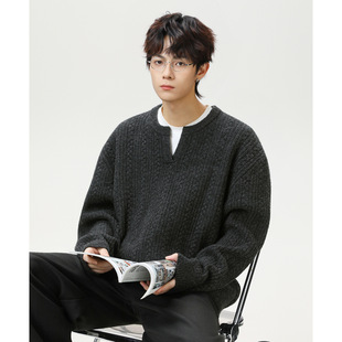 现在就出发王安宇同款立体绞花肌理v领毛衣男秋冬宽松针织衫外套