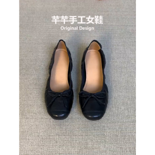 水洗牛皮~黑色平底鞋浅口单鞋女2026新款蝴蝶结软底舒适蛋卷女鞋