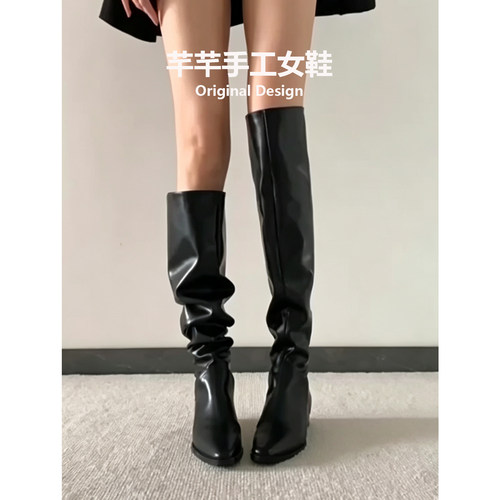 牛皮复古黑粗跟显瘦过膝骑士靴女