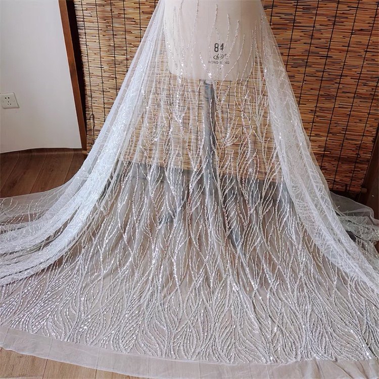 新款树枝钉珠刺绣婚纱礼服装旗袍裙子亮片蕾丝面布料花边