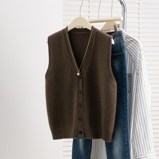 100羊毛马甲秋冬针织背心开衫女V领宽松无袖叠穿毛衣坎肩羊绒衫