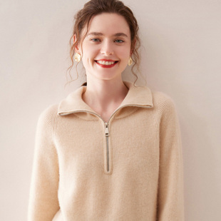 女半开拉链100纯羊毛衫高领羊绒毛衣套头纯色打底衫宽松针织上衣