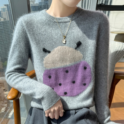100纯羊毛衫女圆领加厚七星瓢虫提花针织毛衣宽松打底羊绒衫上衣