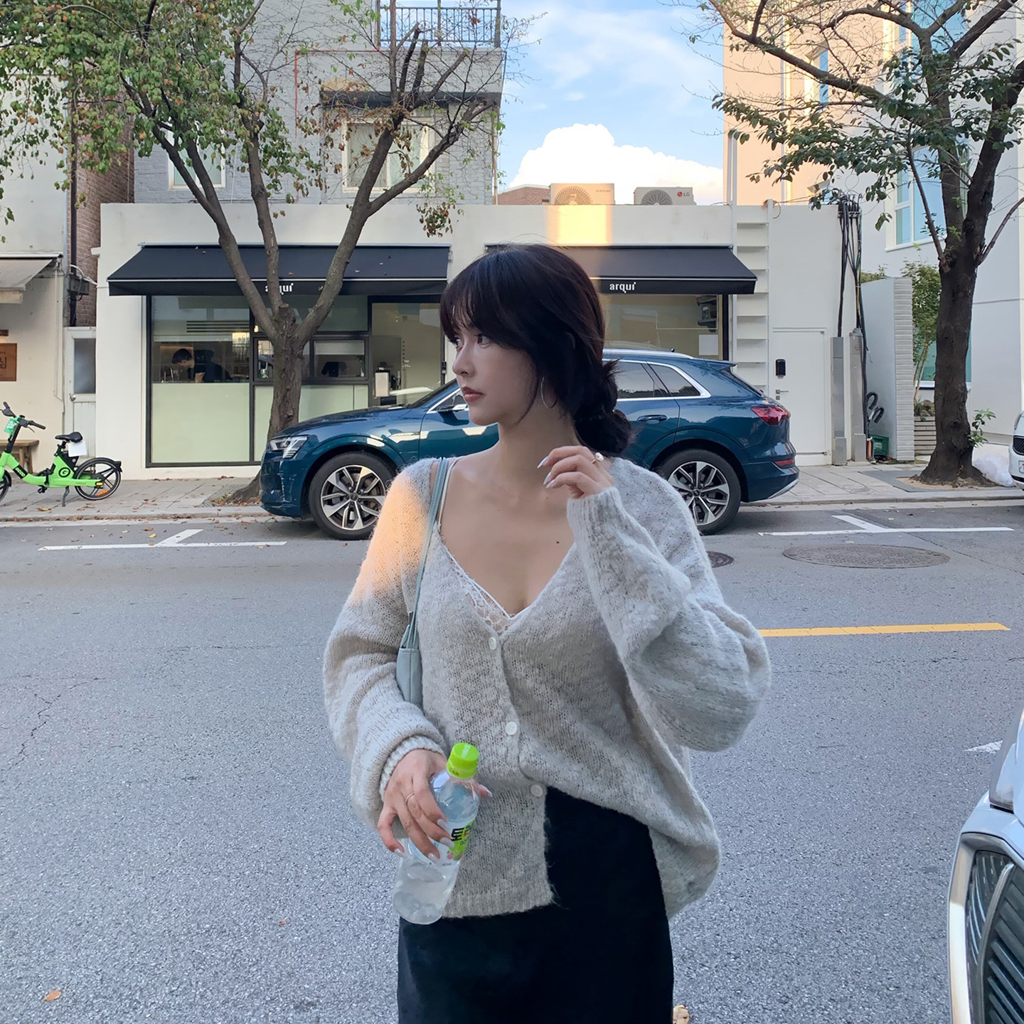 BABYSISTER茉伦卡汀 温柔风灰色纽扣慵懒毛衣镂空针织开衫外套