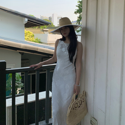 BABYSISTER暮春观夏复古优雅真丝绒玫瑰印花斜裁无袖长裙连衣裙