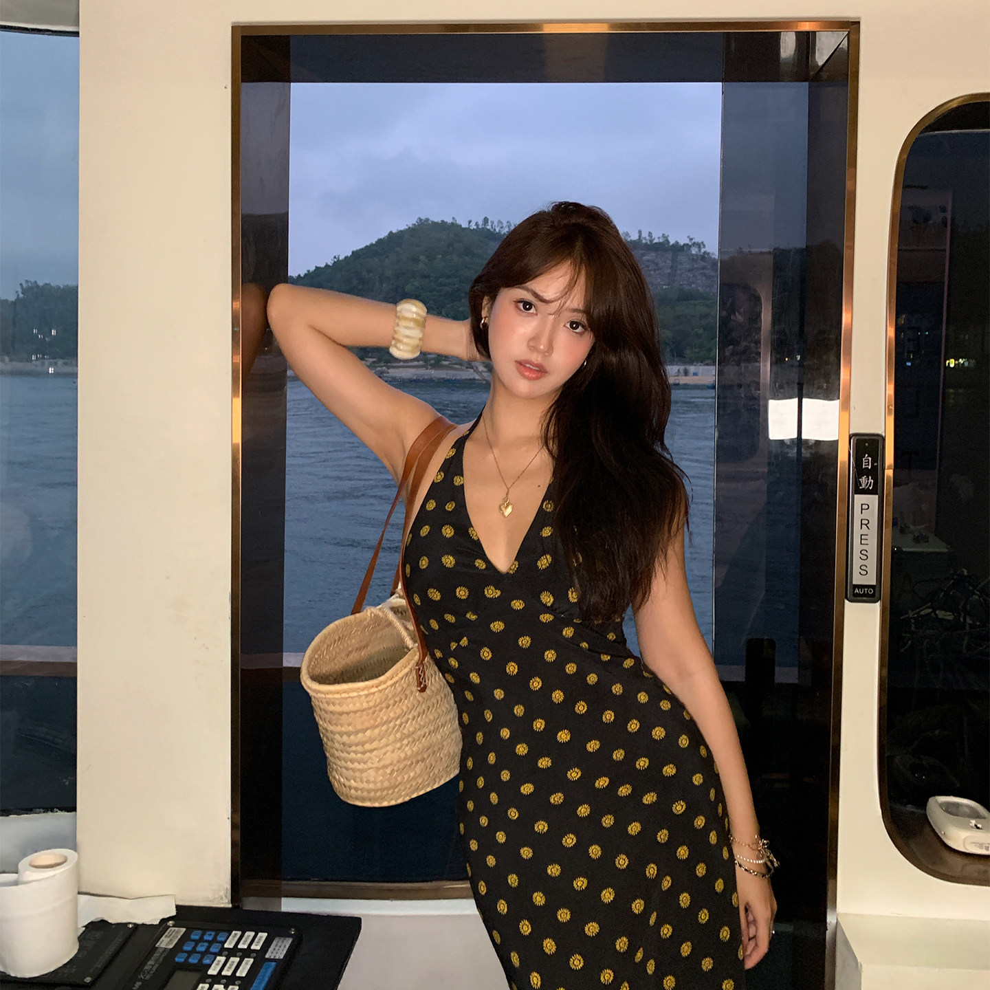 BABYSISTER浮光落日 深v露背金币桑蚕丝挂脖连衣裙浪漫度假裙
