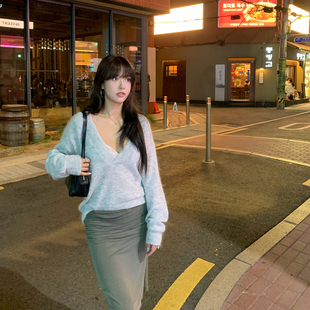 BABYSISTER秋宵吟晚 慵懒V领镂空针织衫女灰色宽松马海毛初秋毛衣