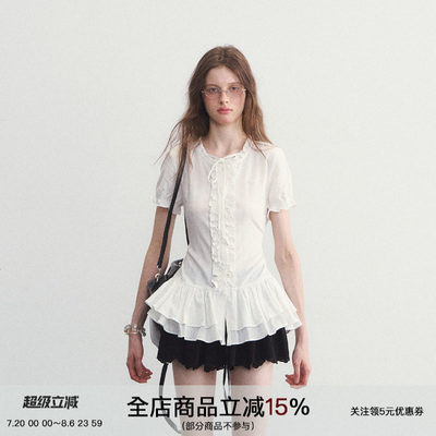 SPEAR YOUTH“小夏日和”纯白荷叶边拼接上衣韩系收腰短袖T恤衬衫